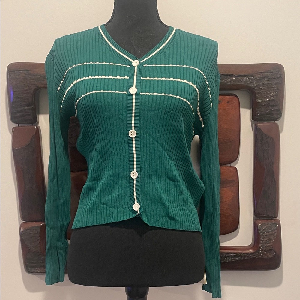 Green Ribbed Button-Up Blouse